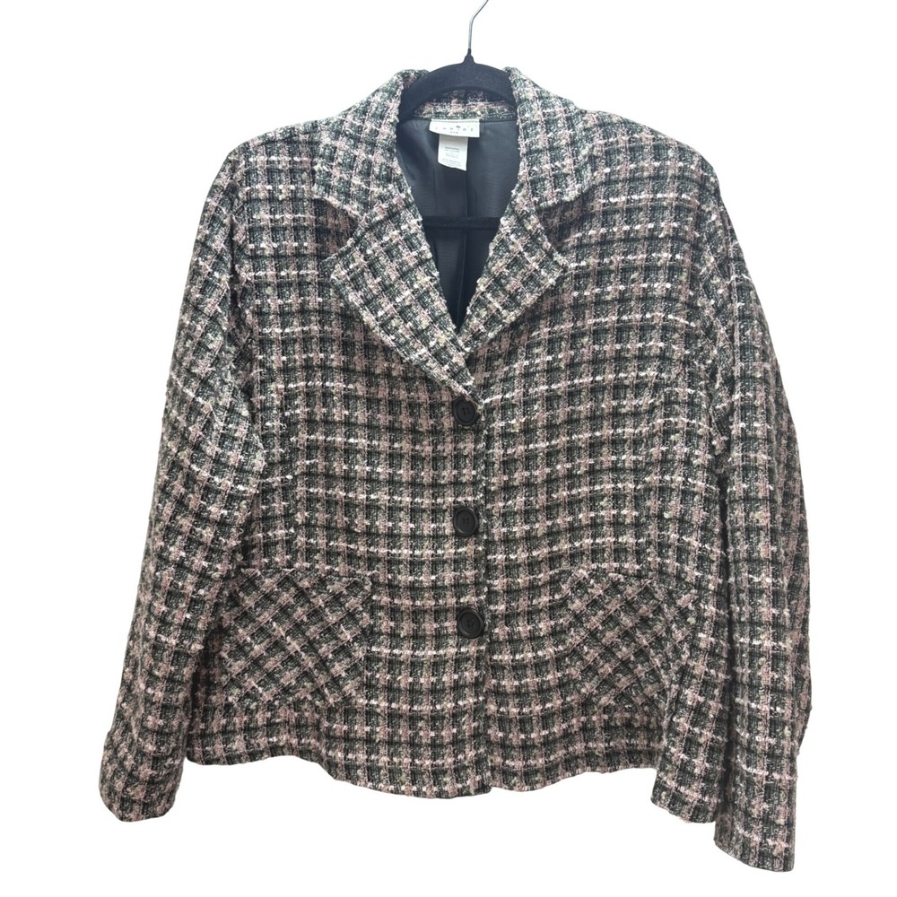 Vintage Caribe USA Womens Tweed Blazer Jacket Pink Black Plaid L Workwear Career